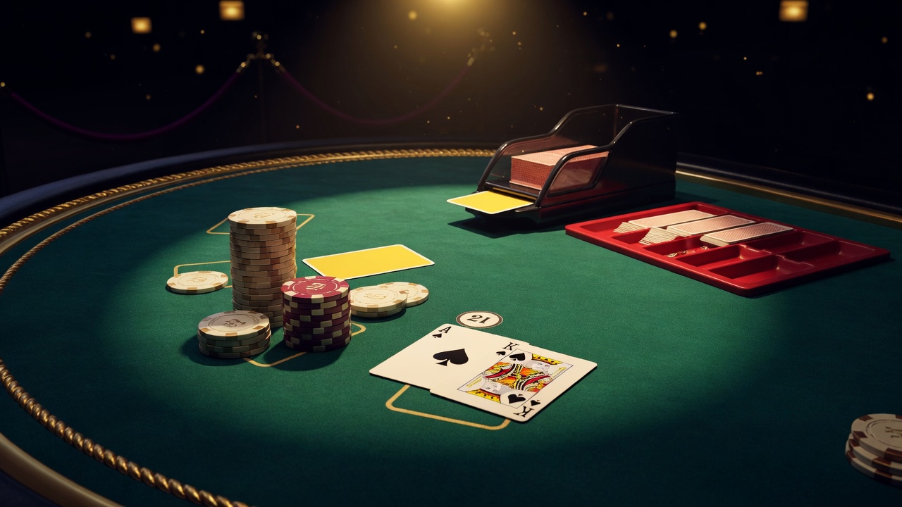 Blackjack table, ace-king of spades, green felt, gold rail
