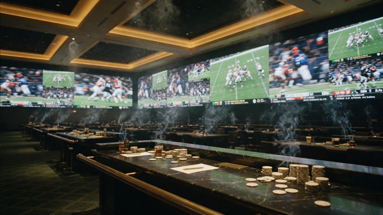 A dark luxury sportsbook at night: marble betting counters, stacked chips, wall of football screens