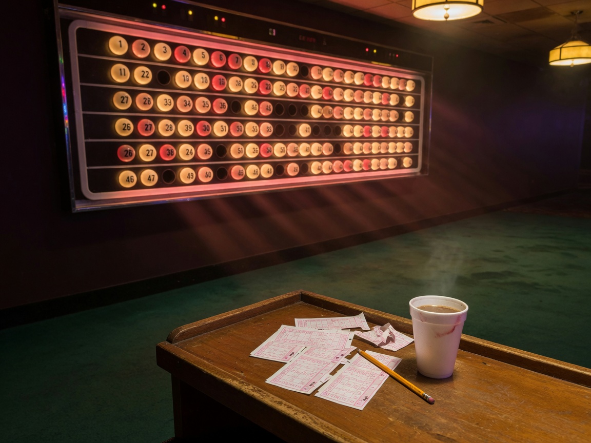 Classic keno board glowing over tickets and coffee