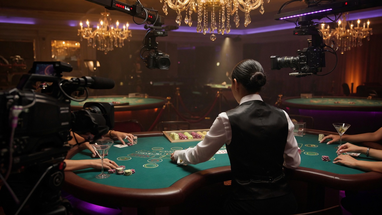 Live dealer pit with cameras over a blackjack table