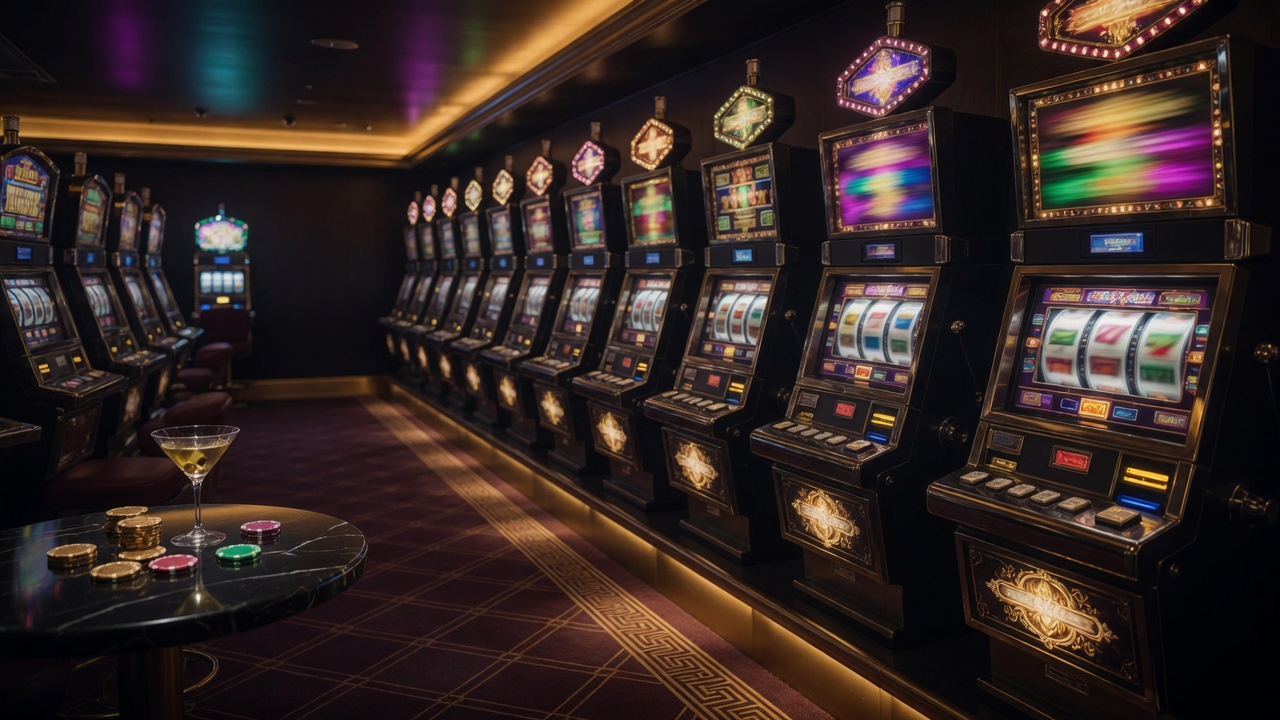 Row of premium slot machines in a dark casino